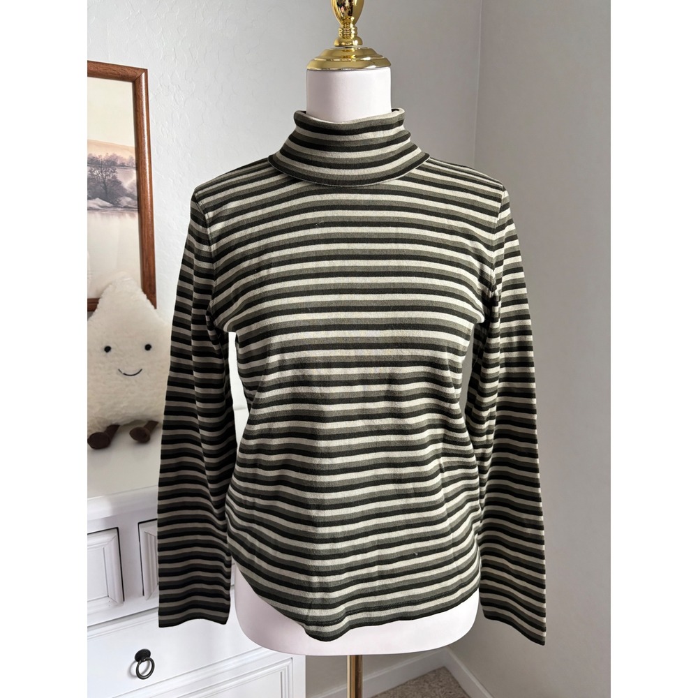 Striped Turtleneck Mock Neck Olive Green Long Sleeve Cotton Top Jones New York S